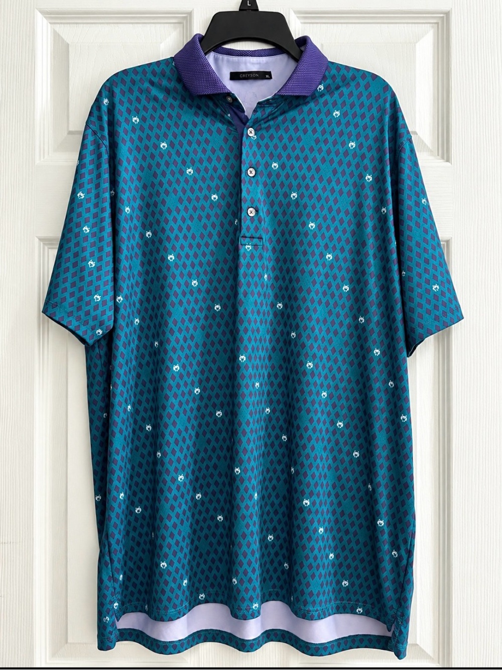 Greyson Teal Diamond-Pattern Polo with Purple Trim